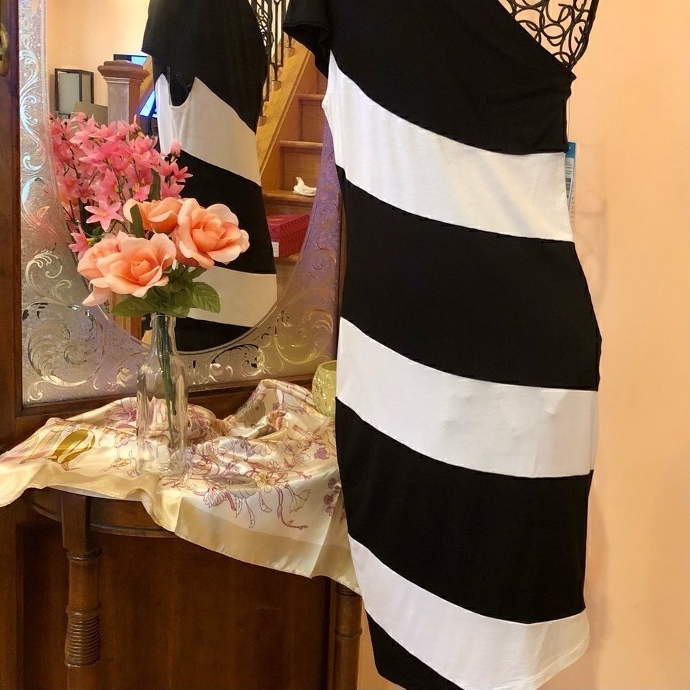 ALICE + OLIVIA BLK/WHT STRIPE SHOULDER DRESS S NWT - Picture 12 of 14